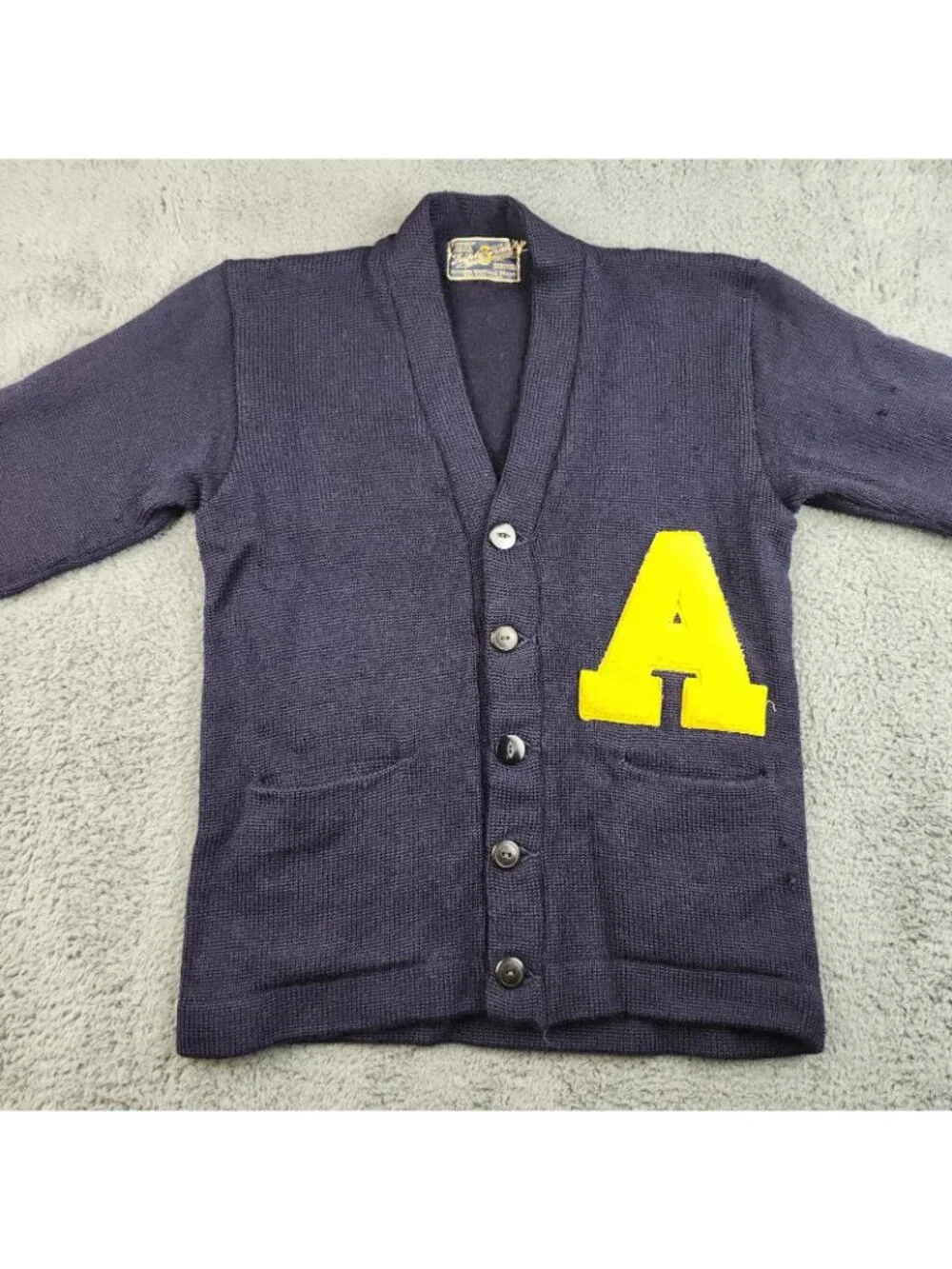 VTG‎ High School Varsity Letterman Wool Cardigan Small/Med Navy Blue Yellow 